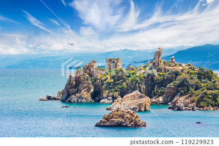 Caldura Tower on Cape Caldura near Cefalu, Sicily, Italy. Caldura Tower on Cape Caldura near Cefalu, Sicily, Italy. 119229923