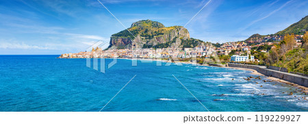 Panorama of Cefalu, city on Tyrrhenian coast of Sicily, Italy 119229927