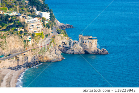 Aerial view of Amalfitan Coast near Maiori in province of Salerno, Campania, Italy 119229942