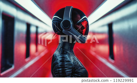 Astronaut walking through spaceship corridor wearing helmet and space suit 119229991