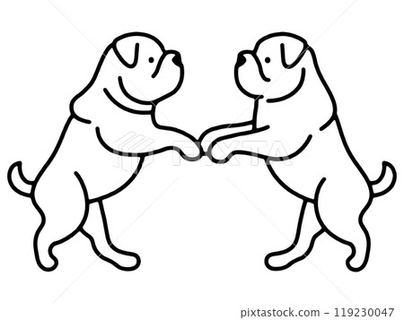 兩隻鬥牛犬小狗面對面的簡單線條畫插圖，透明背景上的切口 119230047