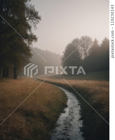 rural road in fog beautiful landscape 119230143