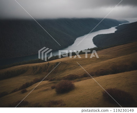 river in forest foggy morning landscape 119230149