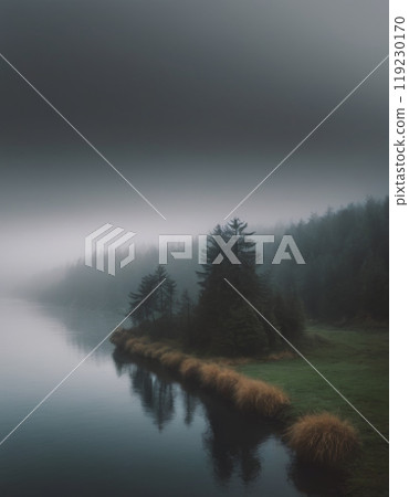 river in forest foggy morning landscape 119230170