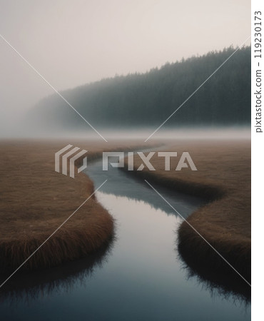 river in forest foggy morning landscape 119230173