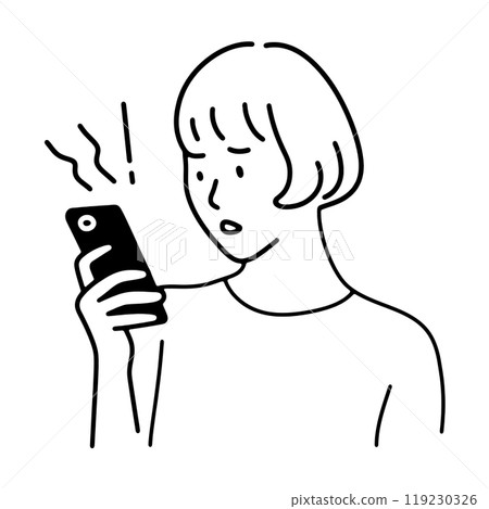 一個簡單的線條畫插圖,顯示一個女人在透明背景上帶著困惑的表情看著智慧型手機螢幕。 一個簡單的線條畫插圖,顯示一個女人在透明背景上帶著困惑的表情看著智慧型手機螢幕。 119230326