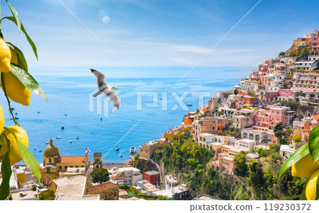 Beautiful Positano with comfortable beaches and azure sea on Amalfi Coast in Campania, Italy 119230372