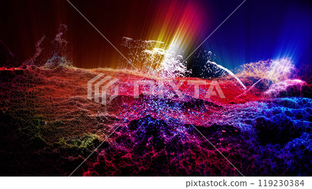 Landscape of a futuristic planet. Magic digital futuristic glowing energy particles. 119230384