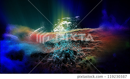 Landscape of a futuristic planet. Magic digital futuristic glowing energy particles. 119230387