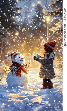 Little girl wearing winter clothes playing with snowman under snowfall 119230409