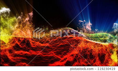 Landscape of a futuristic planet. Magic digital futuristic glowing energy particles. 119230419