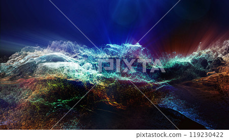 Landscape of a futuristic planet. Magic digital futuristic glowing energy particles. 119230422