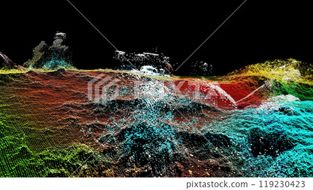 Landscape of a futuristic planet. Magic digital futuristic glowing energy particles. Landscape of a futuristic planet. Magic digital futuristic glowing energy particles. 119230423