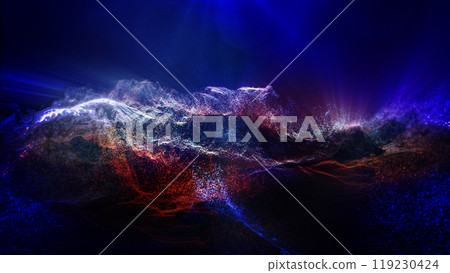 Landscape of a futuristic planet. Magic digital futuristic glowing energy particles. 119230424