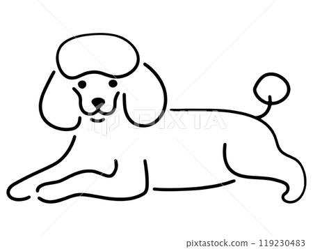 A simple line drawing of a toy poodle puppy relaxing in a sloppy pose, cut out on a transparent background 119230483