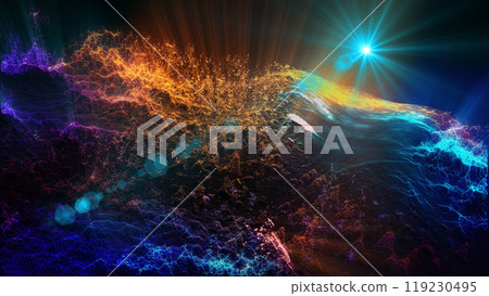 Landscape of a futuristic planet. Magic digital futuristic glowing energy particles. 119230495