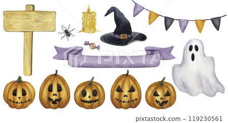 Halloween banner set elements Jack o Lantern, carved orange pumpkin, candy, spider, candle, ghost, witch's hat, garland flags. Hand drawn watercolor illustration isolated background. Halloween banner set elements Jack o Lantern, carved orange pumpkin, candy, spider, candle, ghost, witch's hat, garland flags. Hand drawn watercolor illustration isolated background. 119230561