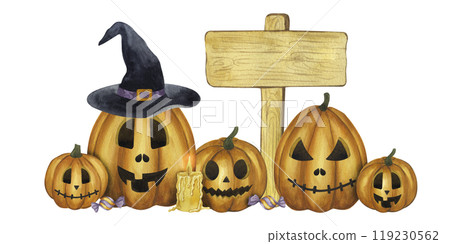Halloween banner Jack o Lantern, carved orange pumpkin with witch's hat, candy, candle, wooden board index for text. Hand drawn watercolor illustration isolated background. For postcard, flyers 119230562