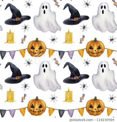 Halloween seamless pattern Jack o Lantern, carved orange pumpkin, candy, spider, candle, ghost, witch's hat, garland flags. Cartoon clipart. Hand drawn watercolor illustration isolated background 119230564