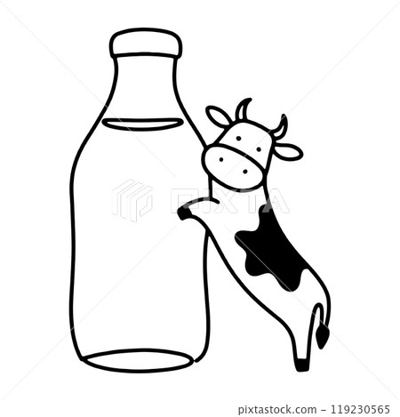 黑白牛和牛奶瓶的簡單線條畫插圖，透明背景上的切口 119230565