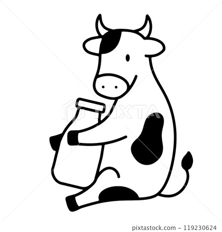 A simple line drawing of a black and white cow character holding a milk bottle, cut out on a transparent background A simple line drawing of a black and white cow character holding a milk bottle, cut out on a transparent background 119230624