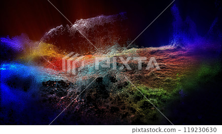 Landscape of a futuristic planet. Magic digital futuristic glowing energy particles. 119230630