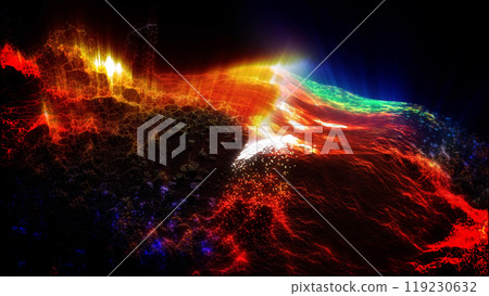 Landscape of a futuristic planet. Magic digital futuristic glowing energy particles. 119230632