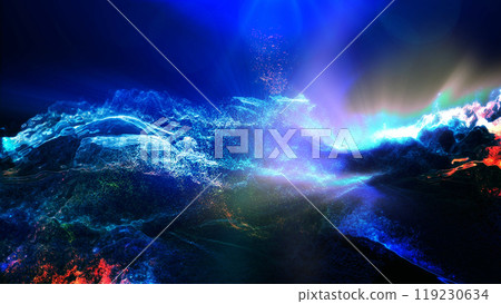 Landscape of a futuristic planet. Magic digital futuristic glowing energy particles. 119230634