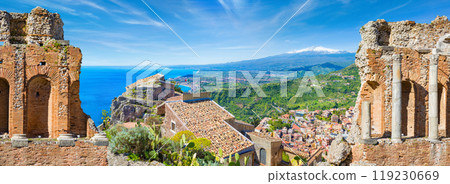 Panoramic collage with ancient Greek theatre and Church of Madonna della Rocca in Taormina, Sicily, Italy Panoramic collage with ancient Greek theatre and Church of Madonna della Rocca in Taormina, Sicily, Italy 119230669