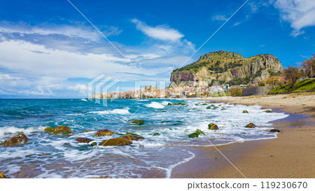 Long beach near Cefalu, town on Tyrrhenian coast of Sicily, Italy Long beach near Cefalu, town on Tyrrhenian coast of Sicily, Italy 119230670
