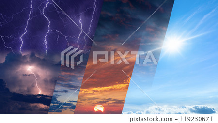 Weather forecast concept, collage of variety weather conditions Weather forecast concept, collage of variety weather conditions 119230671