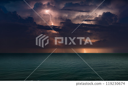 Huge lightnings in dark stormy sky above waving sea 119230674