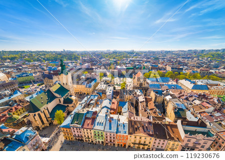 Wide angle aerial view of colourful houses in historical old district of Lviv, Ukraine 119230676