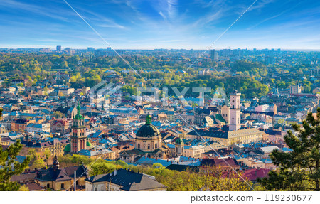 Panoramic aerial view of colourful houses in historical old district of Lviv, Ukraine 119230677