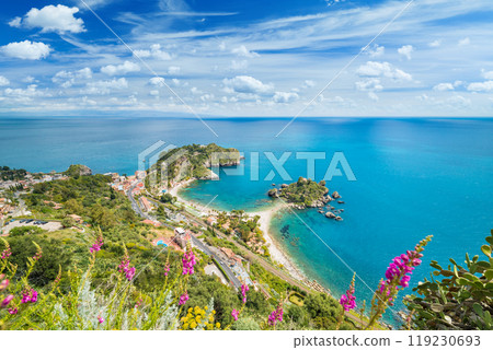 Aerial view of Isola Bella small island near Taormina in Sicily, Italy 119230693
