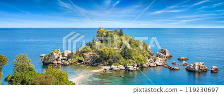 Panoramic view of Isola Bella small island near Taormina, Sicily, Italy. 119230697