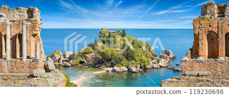 Collage with ancient Greek theatre and Isola Bella in Taormina, Sicily, Italy Collage with ancient Greek theatre and Isola Bella in Taormina, Sicily, Italy 119230698