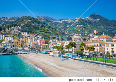 Blue sea and beach in Minori, Amalfi Coast, Campania, Italy. Blue sea and beach in Minori, Amalfi Coast, Campania, Italy. 119230713