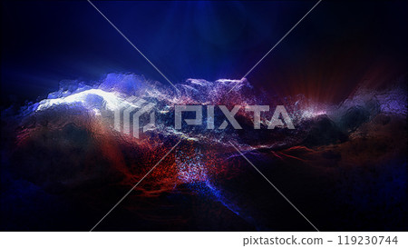 Landscape of a futuristic planet. Magic digital futuristic glowing energy particles. 119230744