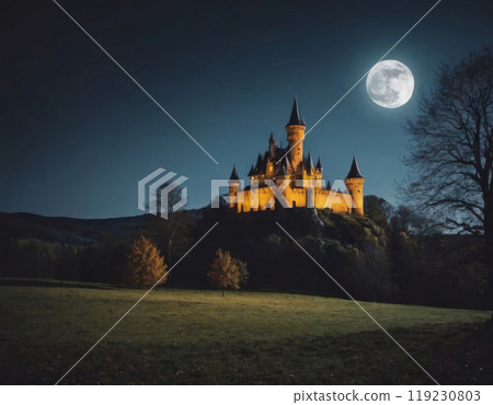 castle on a hill at full moon 119230803