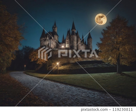 castle on a hill at full moon castle on a hill at full moon 119230811