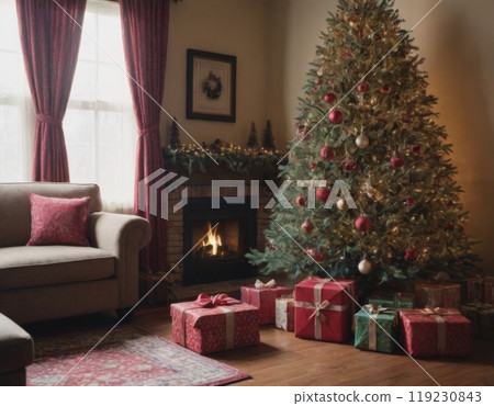 decorated christmas tree in room with fireplace 119230843