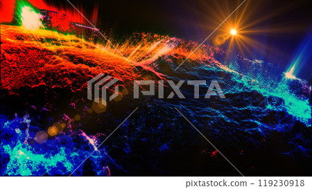 Landscape of a futuristic planet. Magic digital futuristic glowing energy particles. 119230918