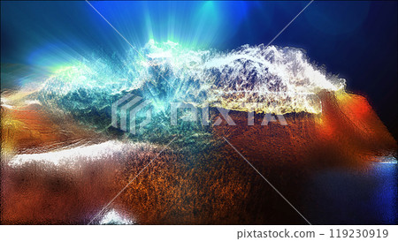 Landscape of a futuristic planet. Magic digital futuristic glowing energy particles. 119230919