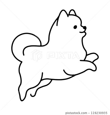 簡單的線條畫插圖,顯示一隻可愛的博美犬小狗側身看,透明背景上的切口 簡單的線條畫插圖,顯示一隻可愛的博美犬小狗側身看,透明背景上的切口 119230935