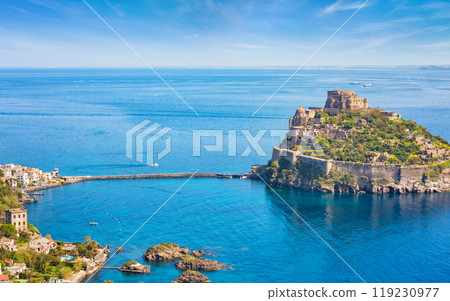 Aerial view of Aragonese Castle located in sea near Ischia island, Italy. Aerial view of Aragonese Castle located in sea near Ischia island, Italy. 119230977