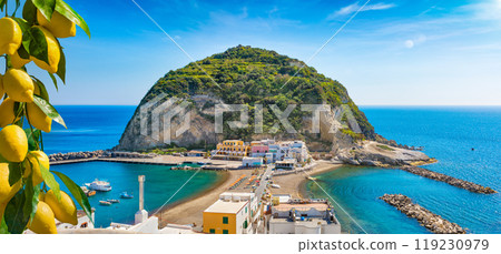 Sant'Angelo village, giant green rock in blue sea near Ischia Island, Italy Sant'Angelo village, giant green rock in blue sea near Ischia Island, Italy 119230979