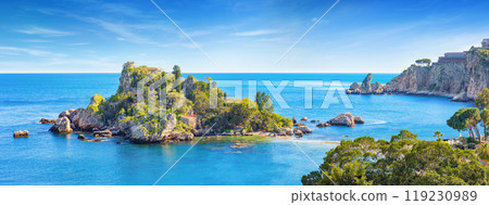 Panoramic view of beautiful Isola Bella, small island near Taormina, Sicily, Italy Panoramic view of beautiful Isola Bella, small island near Taormina, Sicily, Italy 119230989
