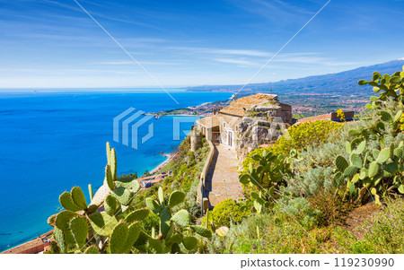 Church of Madonna della Rocca built on rock in Taormina, Sicily, Italy. Church of Madonna della Rocca built on rock in Taormina, Sicily, Italy. 119230990