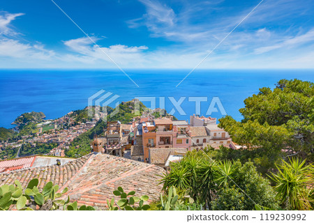 Aerial view of Castelmola and Taormina in Sicily, Italy 119230992